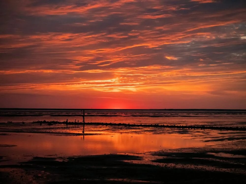 a person walking on the beach at sunset
