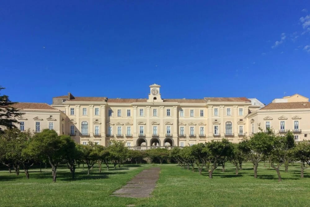 a large building with trees in front of it