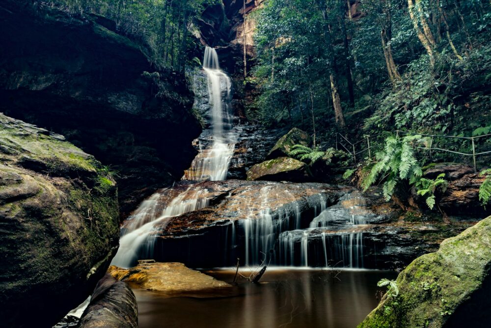 waterfalls in the middle of the forest during daytime